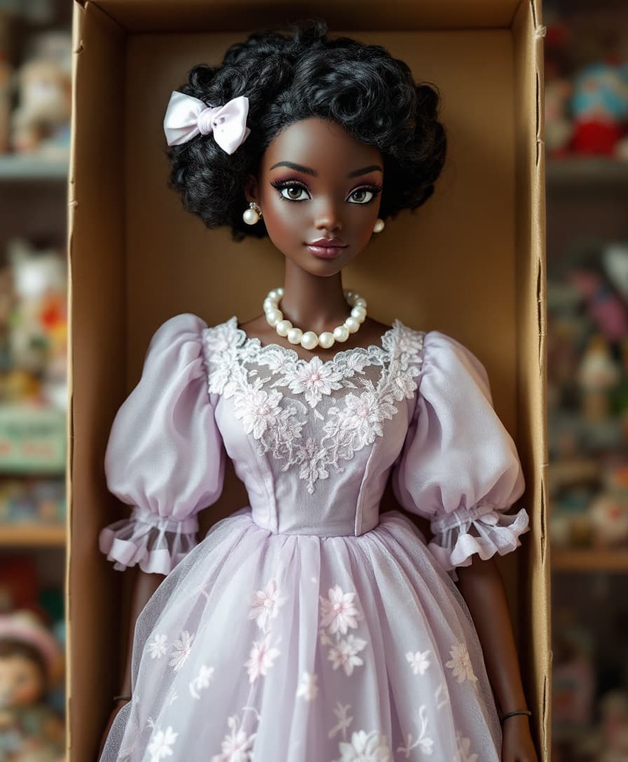 AI generated: a black female boll in her box in a vintage toy store wearing a  puff-sleeve dress in soft pastel to...