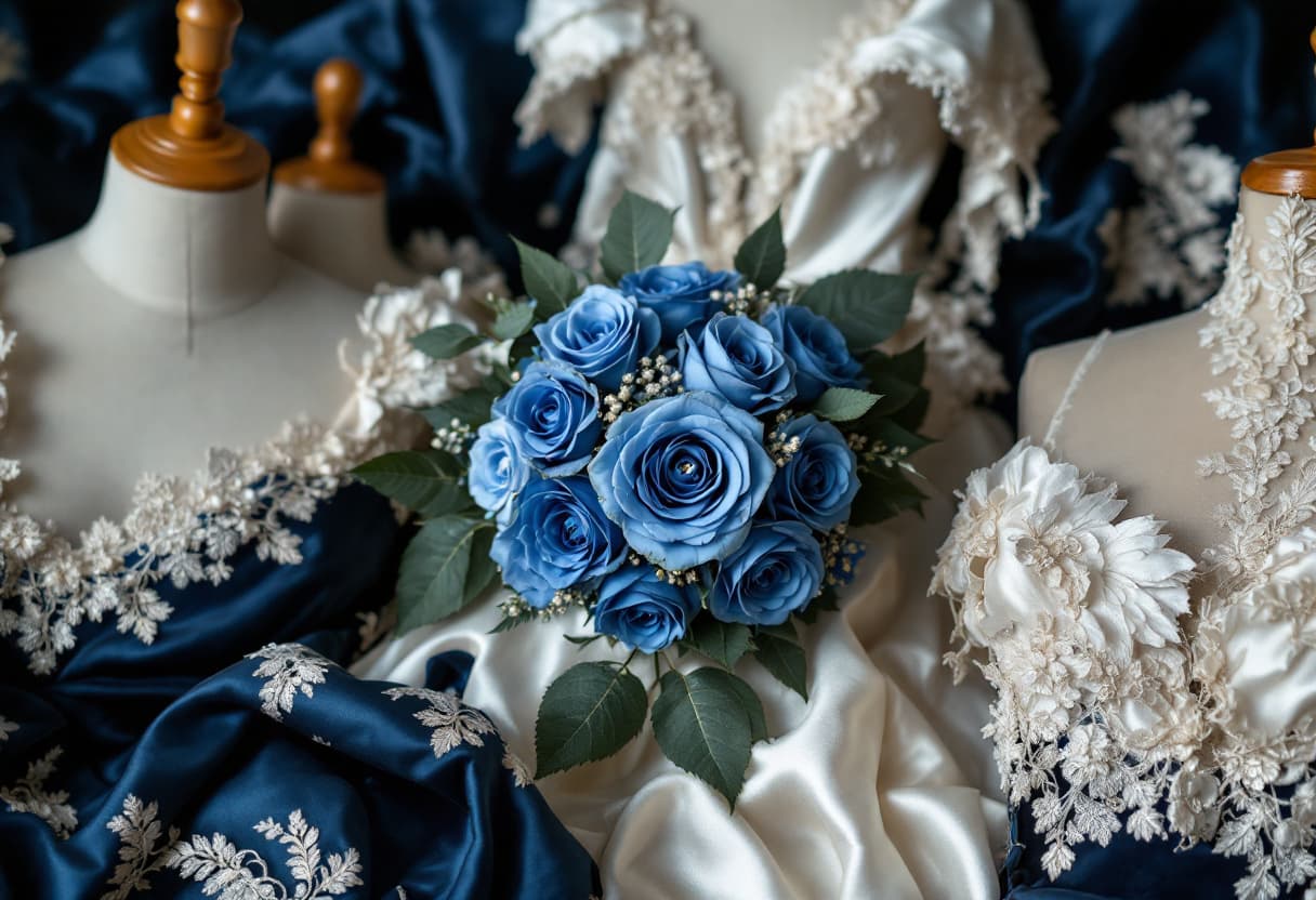 AI generated: A Victorian Couture Atelier's view of a bouquet of blue roses, set amid dress forms, elaborate lace ...