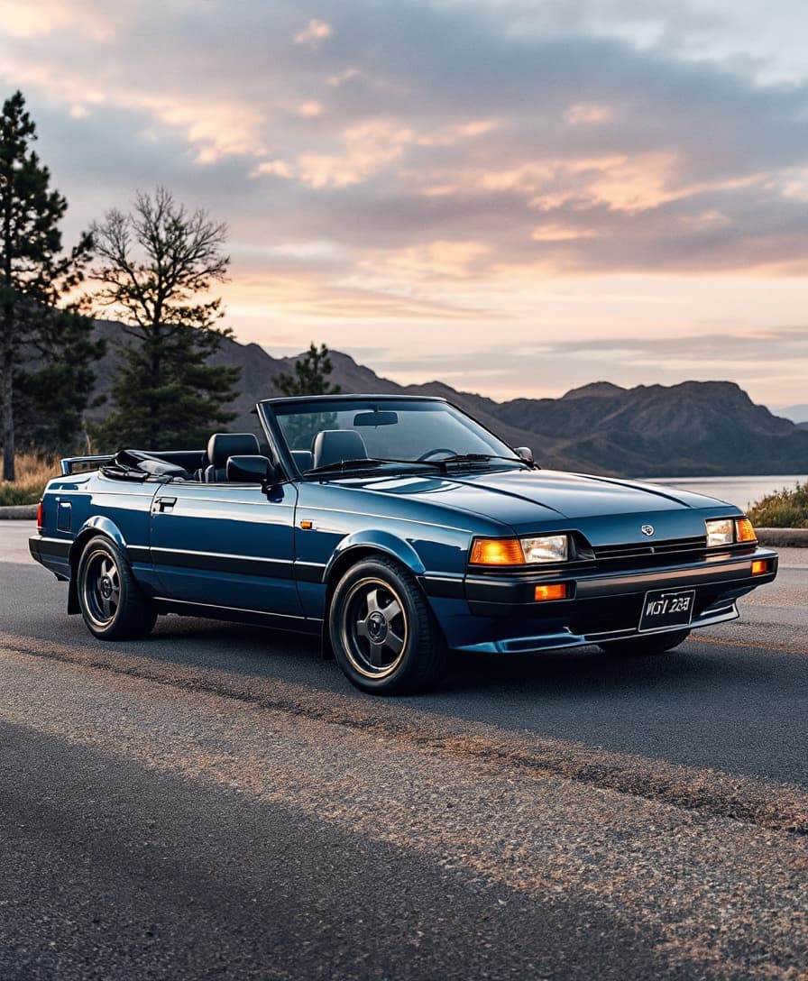 AI generated: Hyper realistic eye level exterior photo of a 1988 mazda 323 convertible