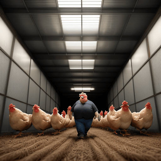 AI generated: Inside an industrial chicken shed, a fat boy looks terrified as hundreds of 6-foot-tall chicken-like...