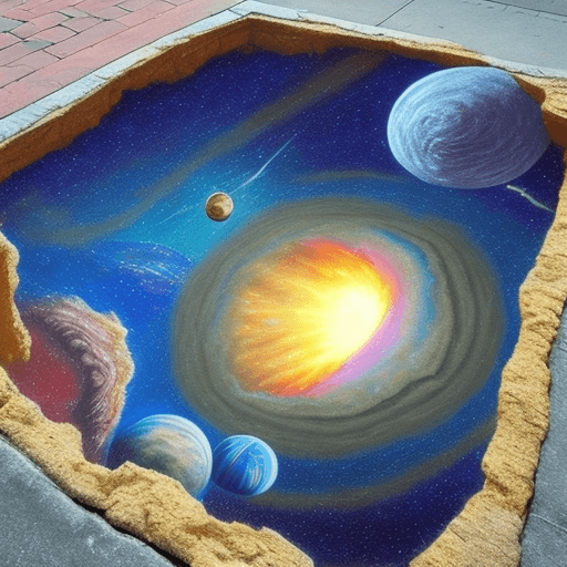 AI generated: chalk art on a pavement of a surreal view of a seemingly big broken hole  into space as though you c...