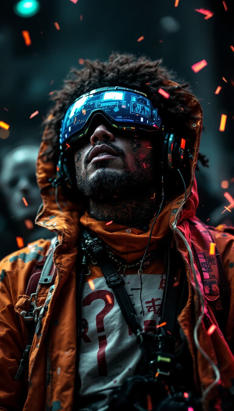 AI generated: Portrait of a futuristic cyberpunk revolutionary, centered, adorned in protest symbols, in a virtual...