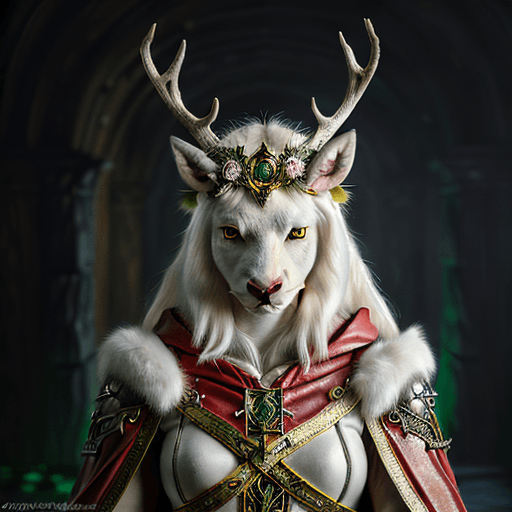 AI generated: ultra realistic photo, fantasy character portrait, female white fur anamorphic deer face!, hyper rea...