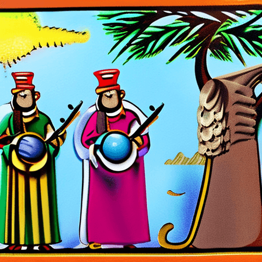 AI generated: Three wise men going to Bethelem with fishing rods and equipment for baby Christ 