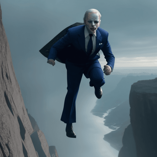 AI generated: Joe Biden, dressed as the Joker, about to be pushed over a cliff, Die Hard screengrab scene of Hans,...