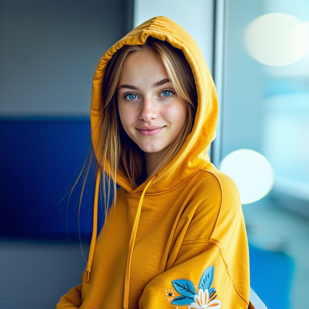 AI generated: A portrait of a young woman with light brown hair wearing a mustard-colored hoodie with floral accen...