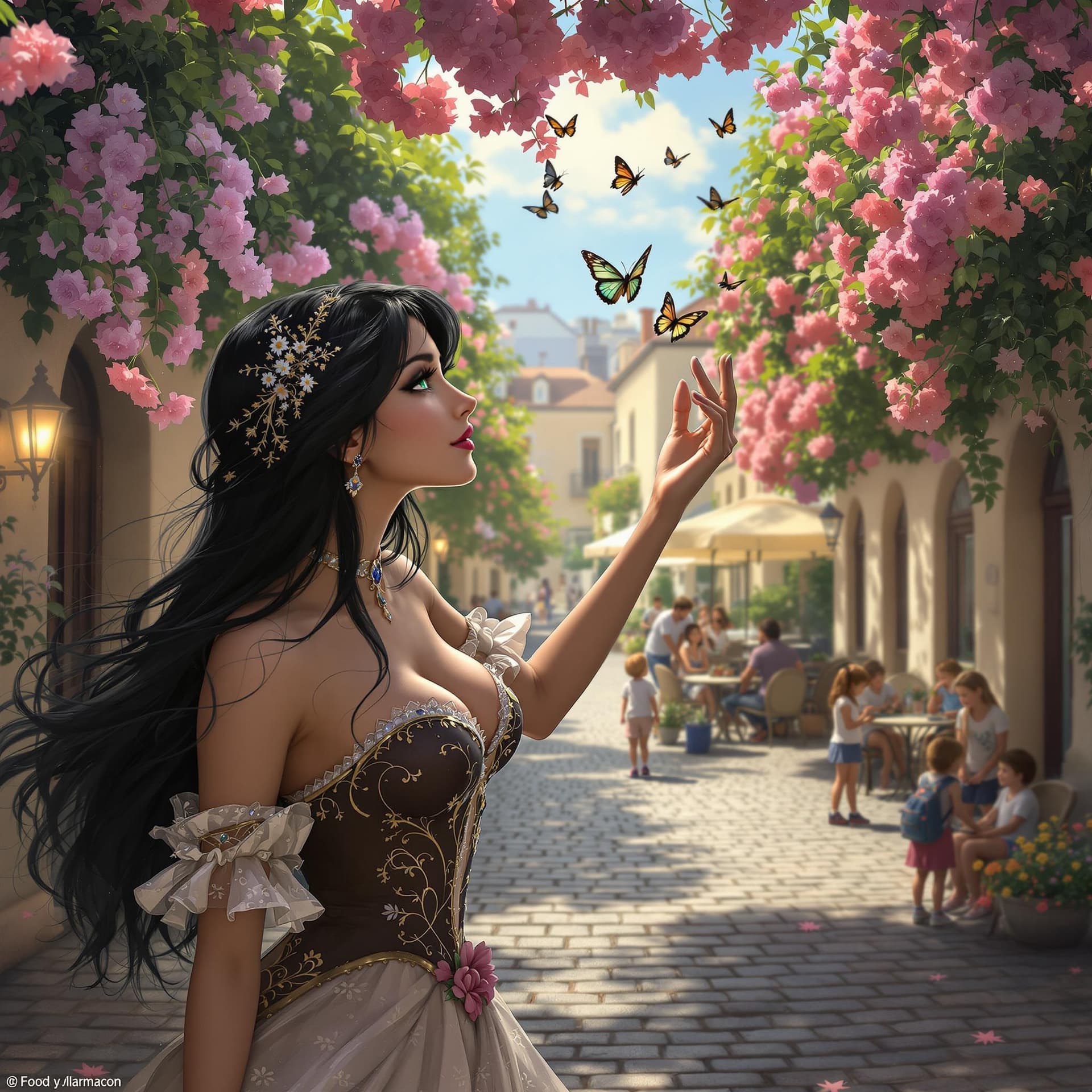 AI generated: Beautiful woman with black hair and green eyes wearing a bodice reaching for a butterfly as it appro...
