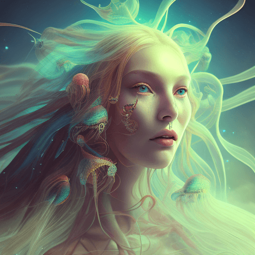 AI generated: Goddess close-up portrait ribcagel. jellyfish phoenix head, nautilus, orchid, skull, betta fish, bio...