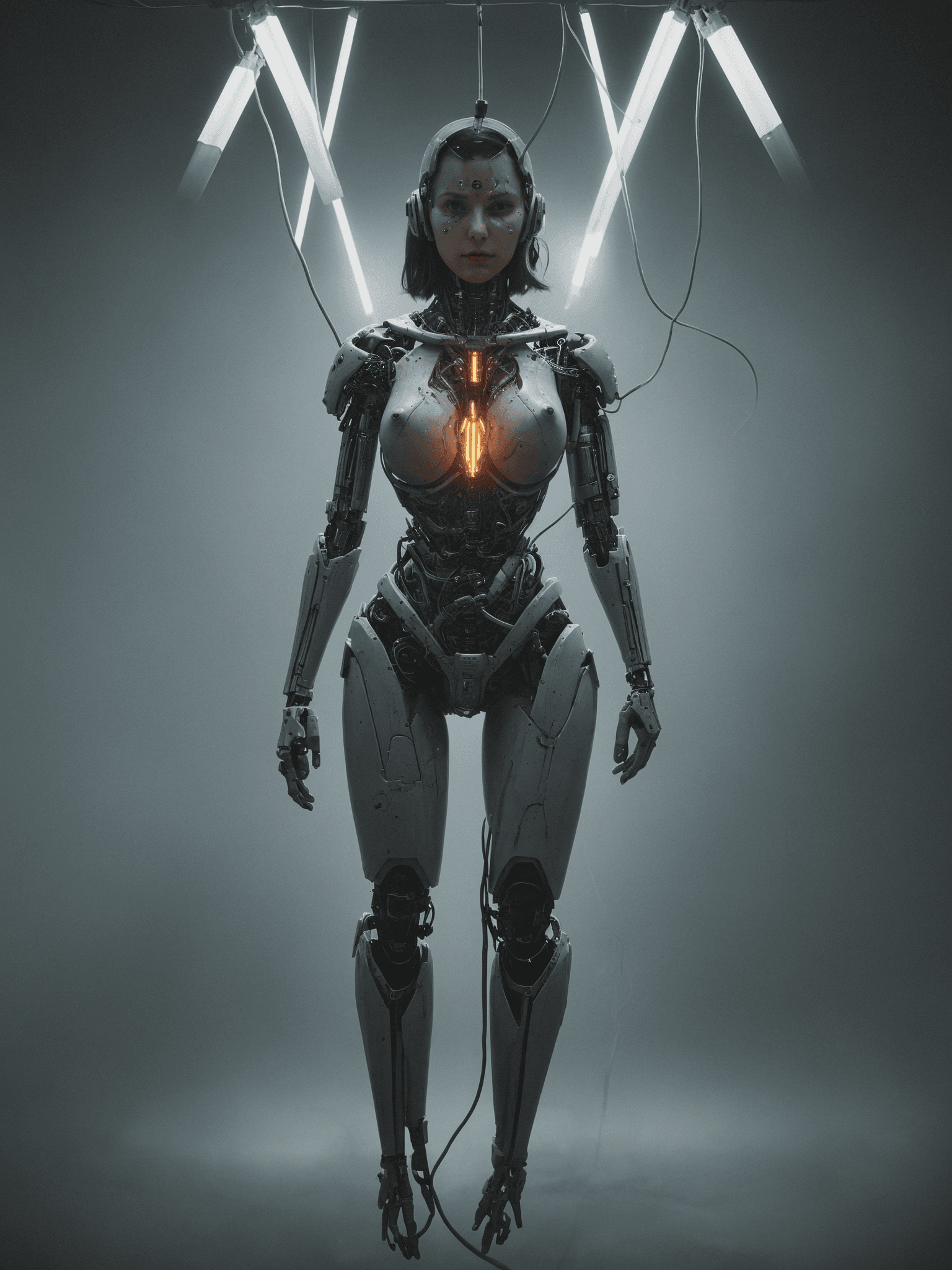 AI generated: Full body photograph of a (beautiful:1.2) (female:1.2) cyborg, in a (retrofuturism:1.3) science lab ...