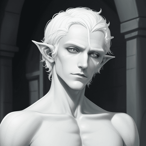 AI generated: DnD Changeling, good looking, fey like appearence, pale figure, white empty eyes, white hair