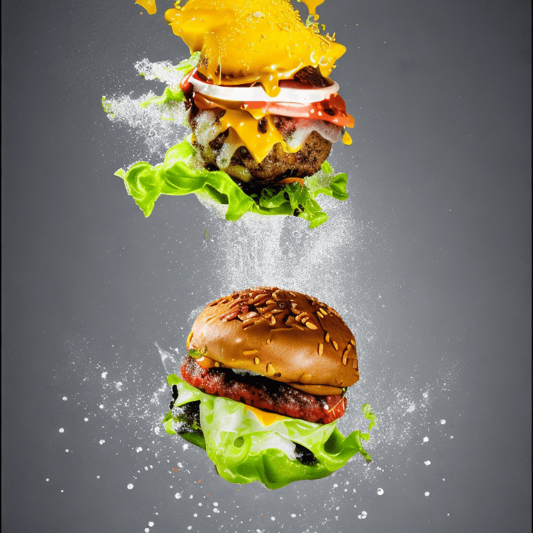 AI generated: Flying food photography with [Two Burgers] as the main subject, Splashes of Toppings and Seasonings,...