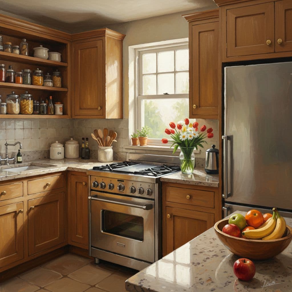 AI generated: A highly detailed, oil and acrylic style painting of a cozy, small kitchen interior. The scene is ce...
