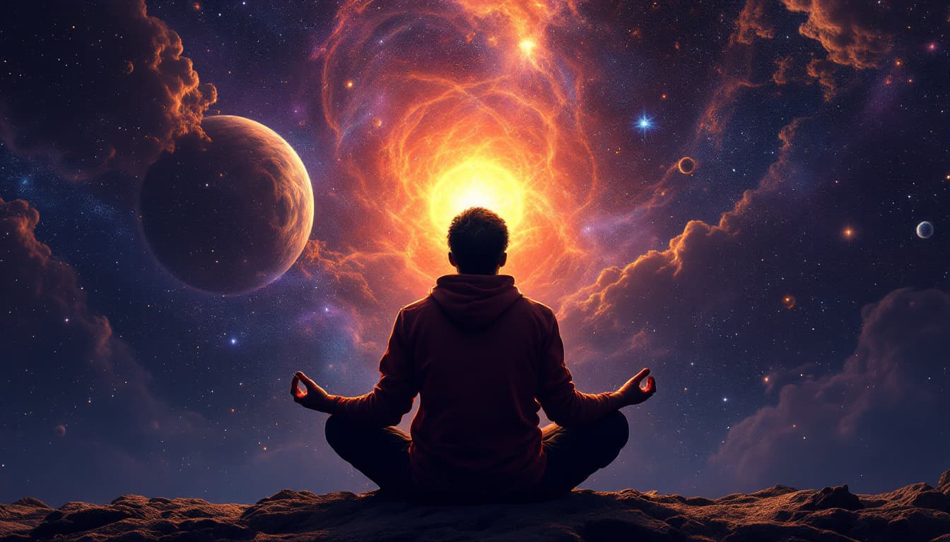 AI generated: A man sits in a meditative pose and looks up. And there is space around.