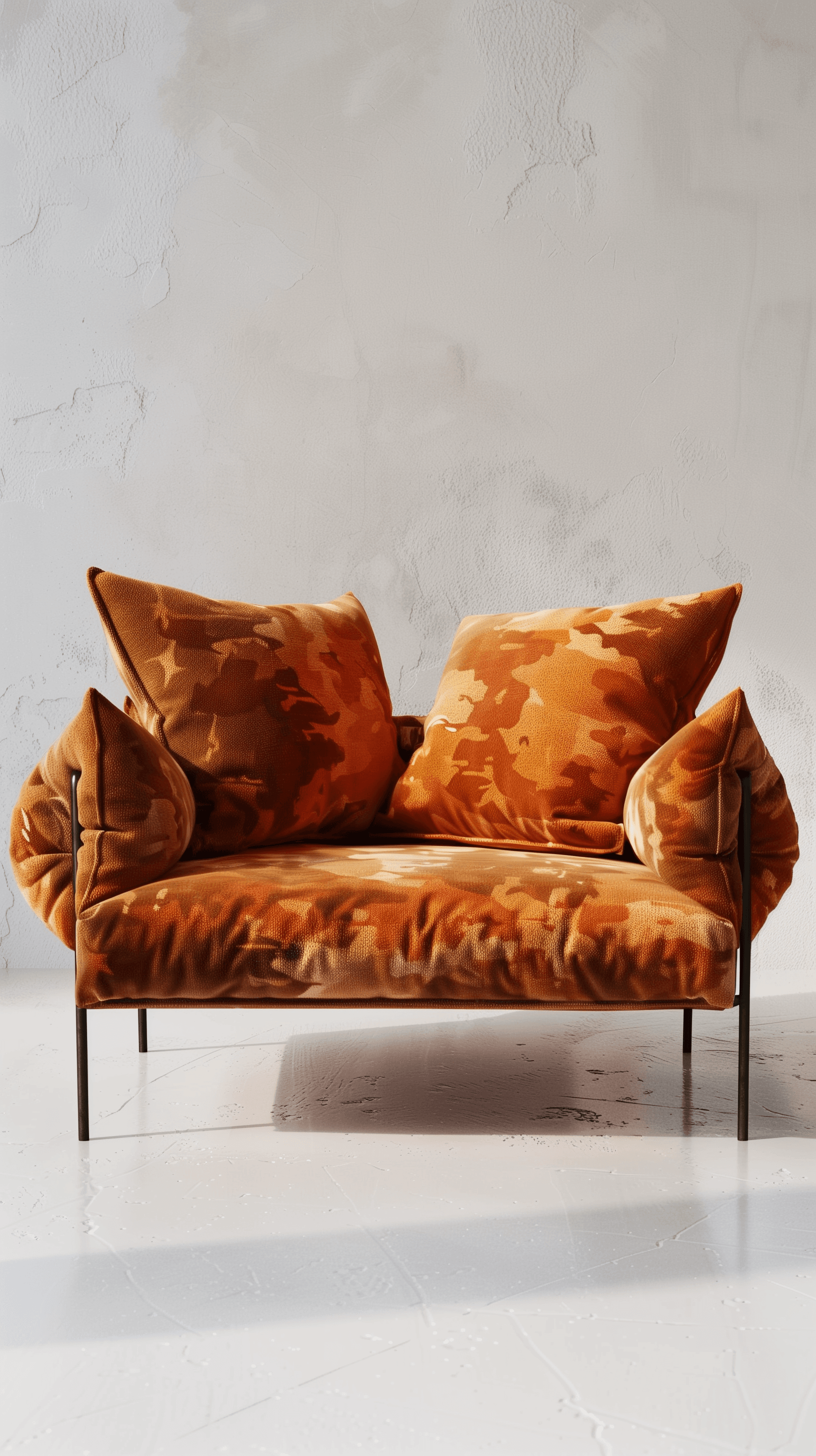 AI generated: productive photography, elegant small loveseat in a muted orange color palette camouflage fabric, su...