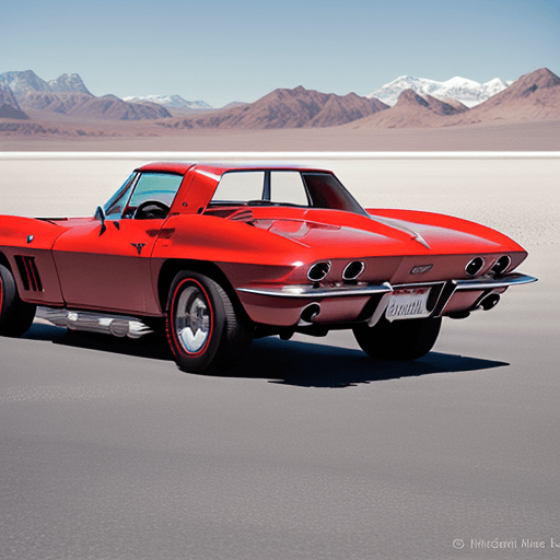 AI generated: Hyper realistic, photo, kodak gold 200, side view, red 1964 Chevrolet Corvette on the Bonneville sal...