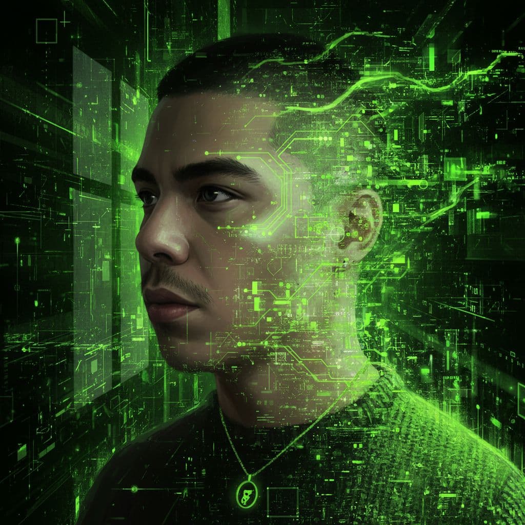 AI generated: A digital painting in the style of concept art, depicting a young person's face partially integrated...