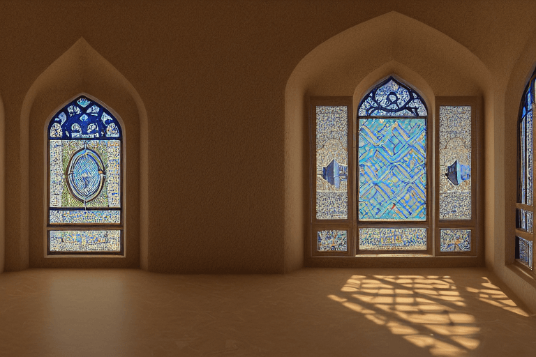 AI generated: Persian architecture style villa, brick, sunrise, stained glass window, desert environment, small vi...