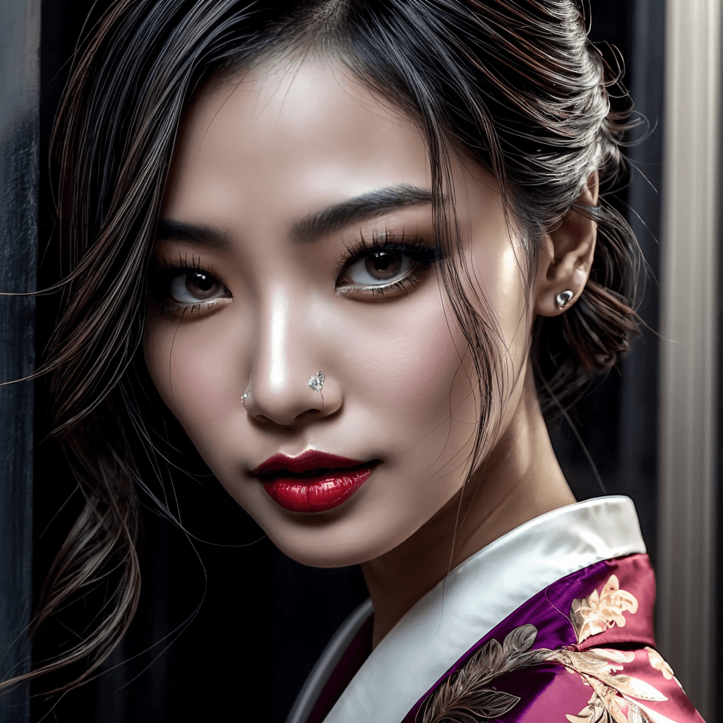 AI generated: Beautiful Asian woman, porcelain skin, flawless and radiant, ethereal beauty, monolid eyes dark and ...