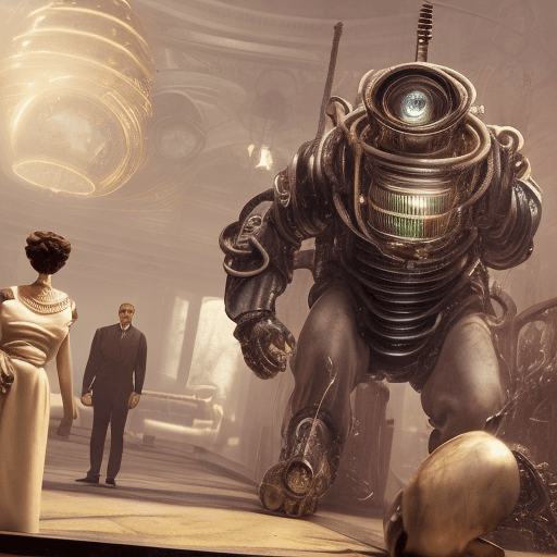 AI generated: A cinematic photograph inspired by intricate Bioshock-style designs, featuring exaggerated Pixar-lik...