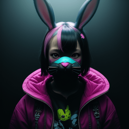 AI generated:  a girl wearing a colourful rabbit mask, in the style of moody neo-noir, matte photo, alastair magna...