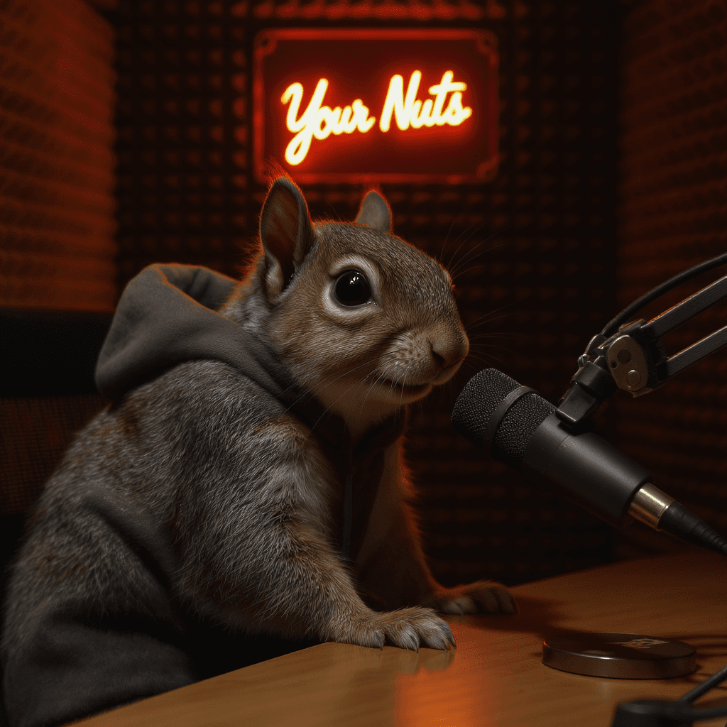 AI generated: ultra-realistic Squirrel in a podcast booth, hoodie on, leaning toward a podcast microphone, low war...