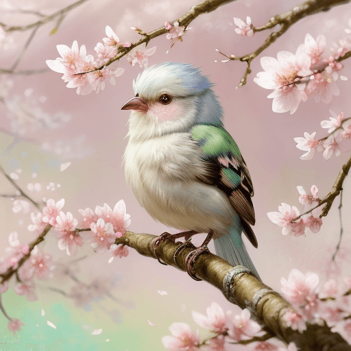 AI generated: chibi adorable pastel bird on a branch of sakura cherry tree : "fluffy feathers" : Impressionism mov...