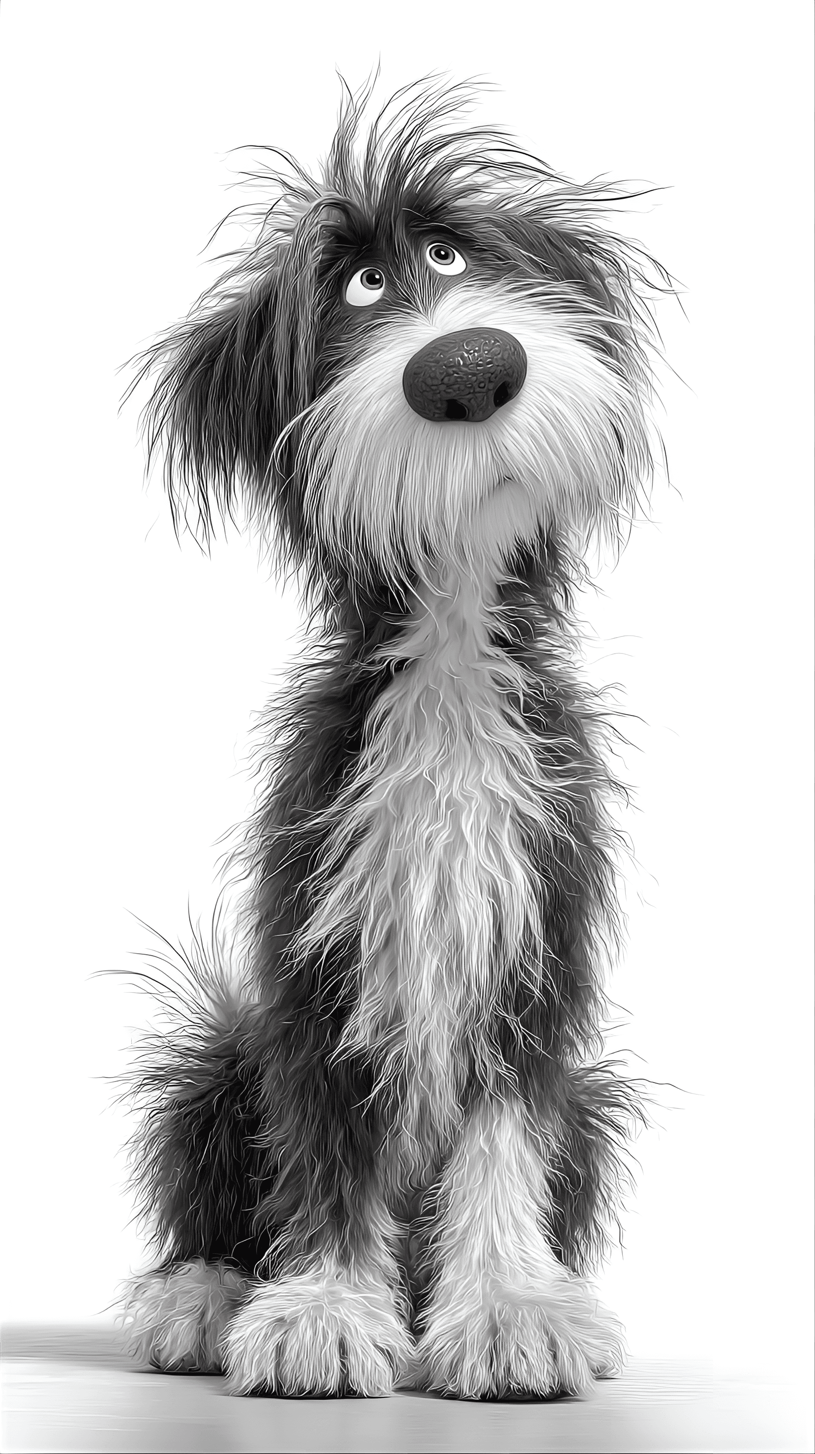 AI generated: Black and white dog, sitting, shaggy fur, cartoon style, expressive, whimsical,  medium shot,  detai...