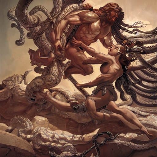 AI generated: hercules defeating medusa, 
looking fearless, 
painting by james jean, 
ancient greece, broad day...