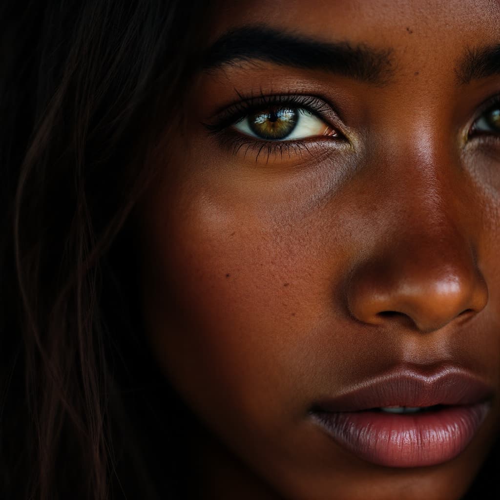 AI generated: Close-up portrait of a woman from Surinam, warm face, no make-up just natural, with long hair, sligh...