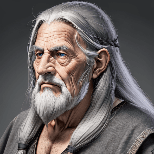 AI generated: frontal view portrait  of a face of nice and wise old prehistoric man with long gray hair, frontal v...