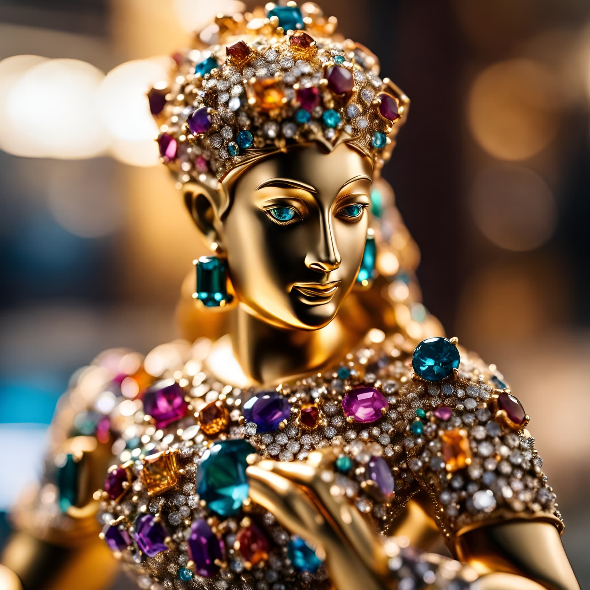 AI generated: a full wide view of a diamond encrusted gold statue, highly detailed, colorful gemstones, 8k