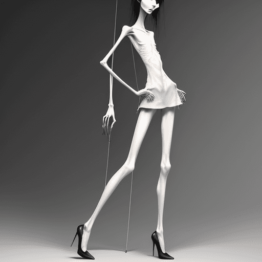 AI generated: a needle-thin anorexic girl with skinny long legs and long skinny calves in high heels with long hoo...