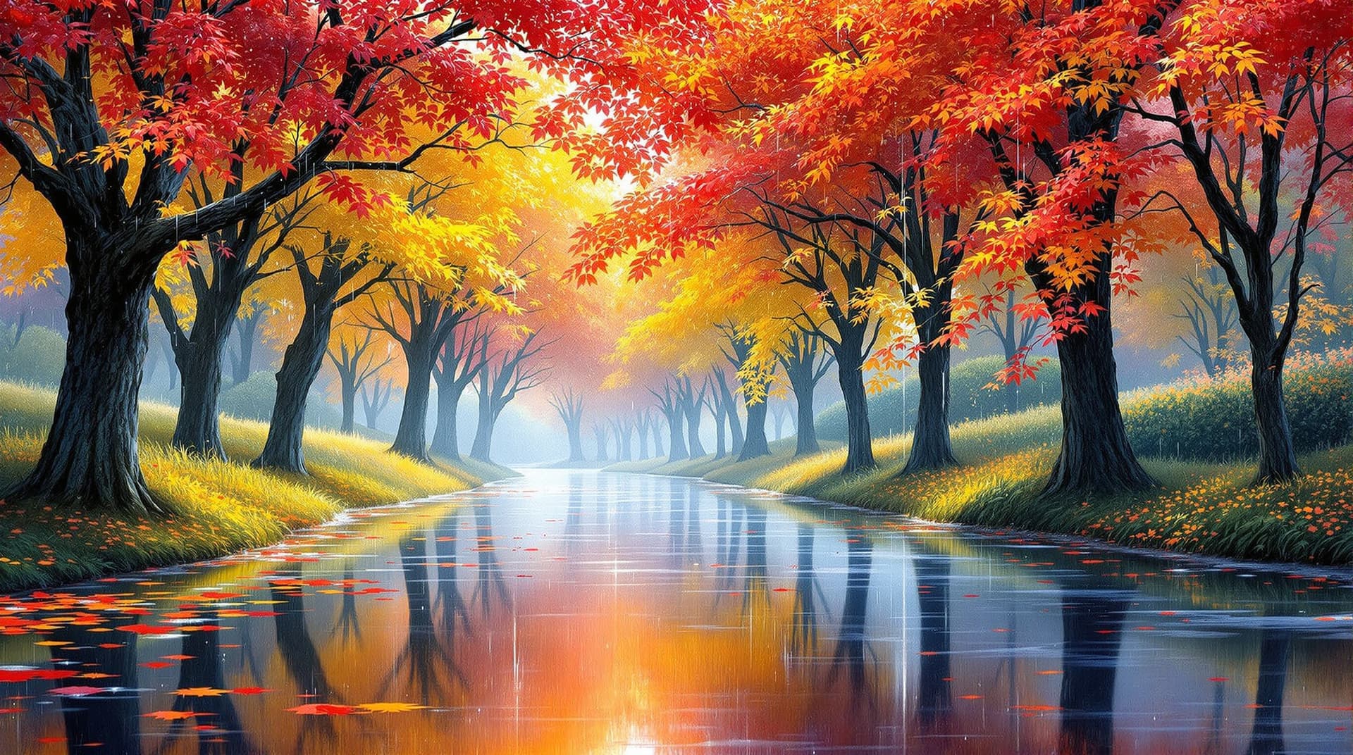 AI generated:  In a picturesque macro close up scene,depicted in terry redlin art  style, japanese mixed autumn tr...