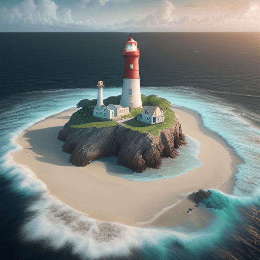 AI generated: a lighthouse sitting on a small island in the ocean, in the style of photorealistic fantasies, cryen...