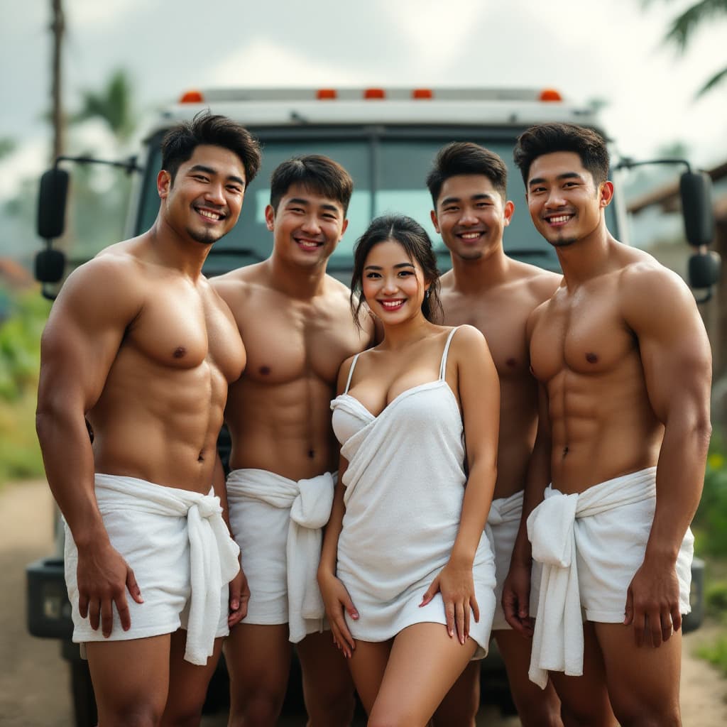 AI generated: A indonesian a bit chubby woman and 4 Korean men, posing in front of a truck at village square in fa...