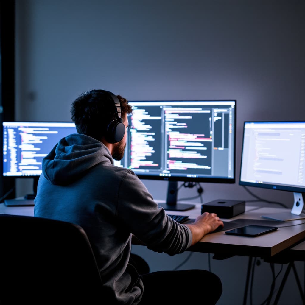 AI generated: at programmer wearing a gray hoody sitting in front of a wide screen computer with two laptops on ea...