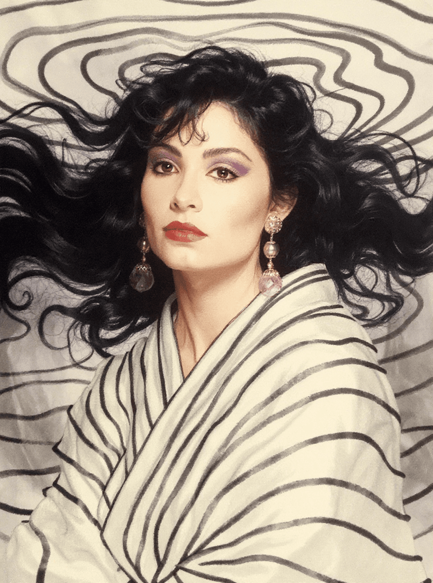 AI generated: An image of  a woman with flowing black hair and fair skin. She has a serene expression and is gazin...
