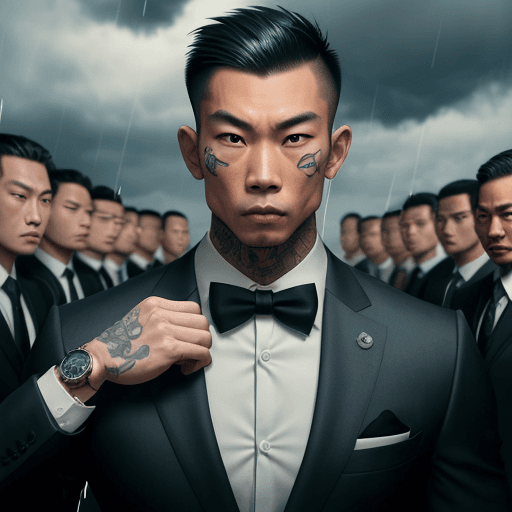 AI generated: Muscular man, Asian, with tattoos, tall, wearing a suit, with a serious expression, behind him are 2...