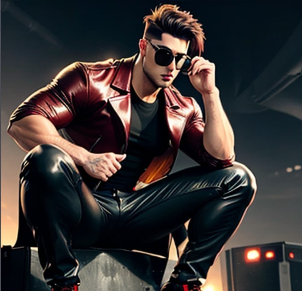 AI generated: photo of a  handsome guy with giant Bulges in pants with a perfect jawline and a brekker haircut 
