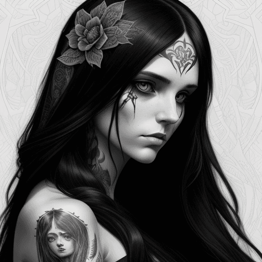 AI generated: black and white portrait of a woman having long hair and a tattoo on her arm, in the style of oliver...