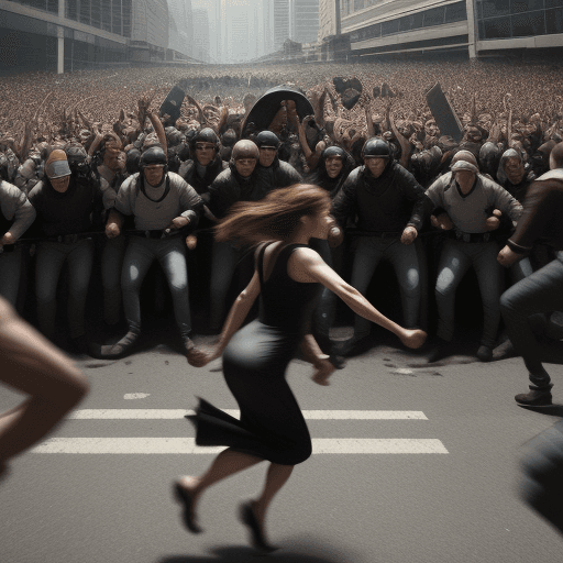 AI generated: A woman walking quickly, breaking through the reckless crowd , panoramic