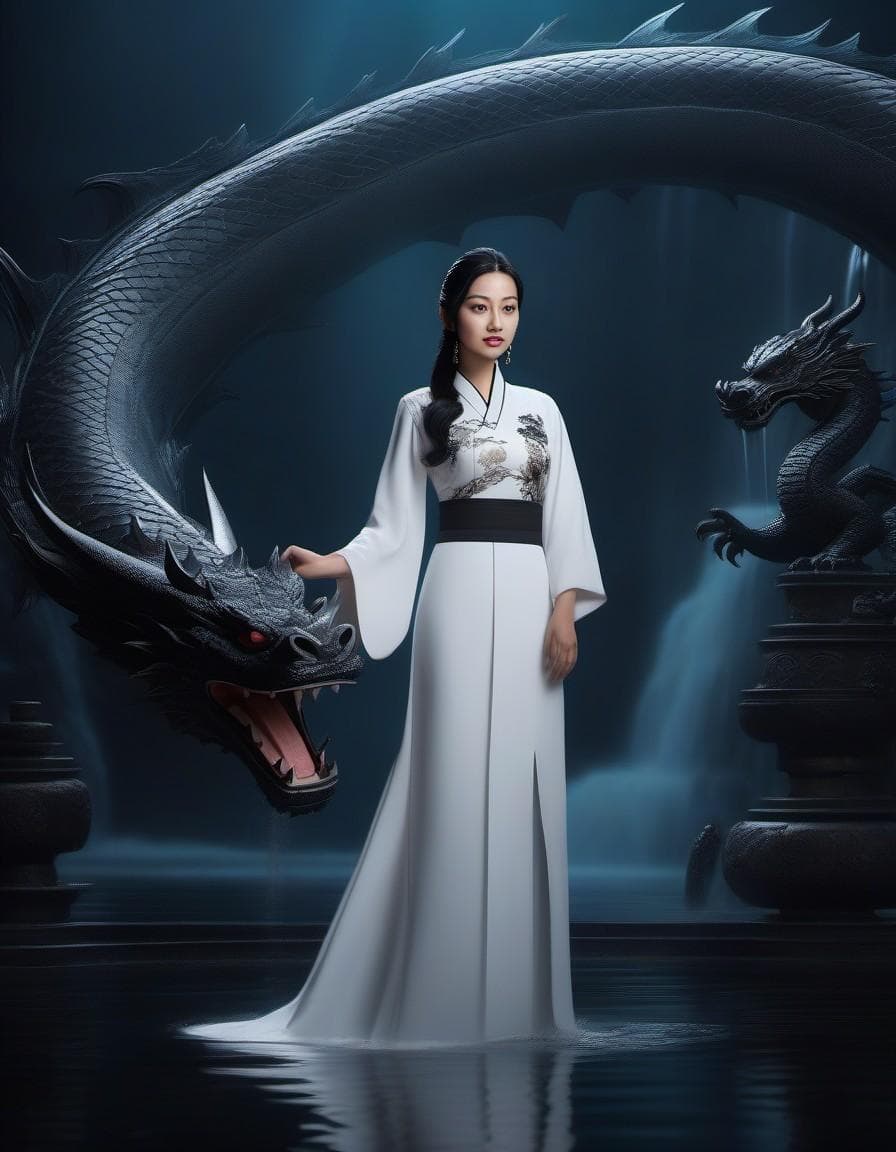 AI generated: a beautiful lady standing in front of a dragon with water pouring, in the style of gongbi, mysteriou...