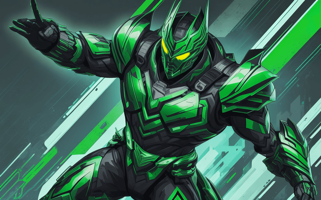 AI generated: brutal man warrior falling down, futuristic, metallic green armor, vector aesthetics, hyper colorful...