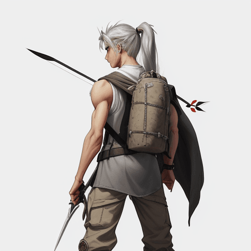 AI generated: Game 2d art, image of a young man with light gray hair long in a ponytail, 16 years old, brown eyes,...