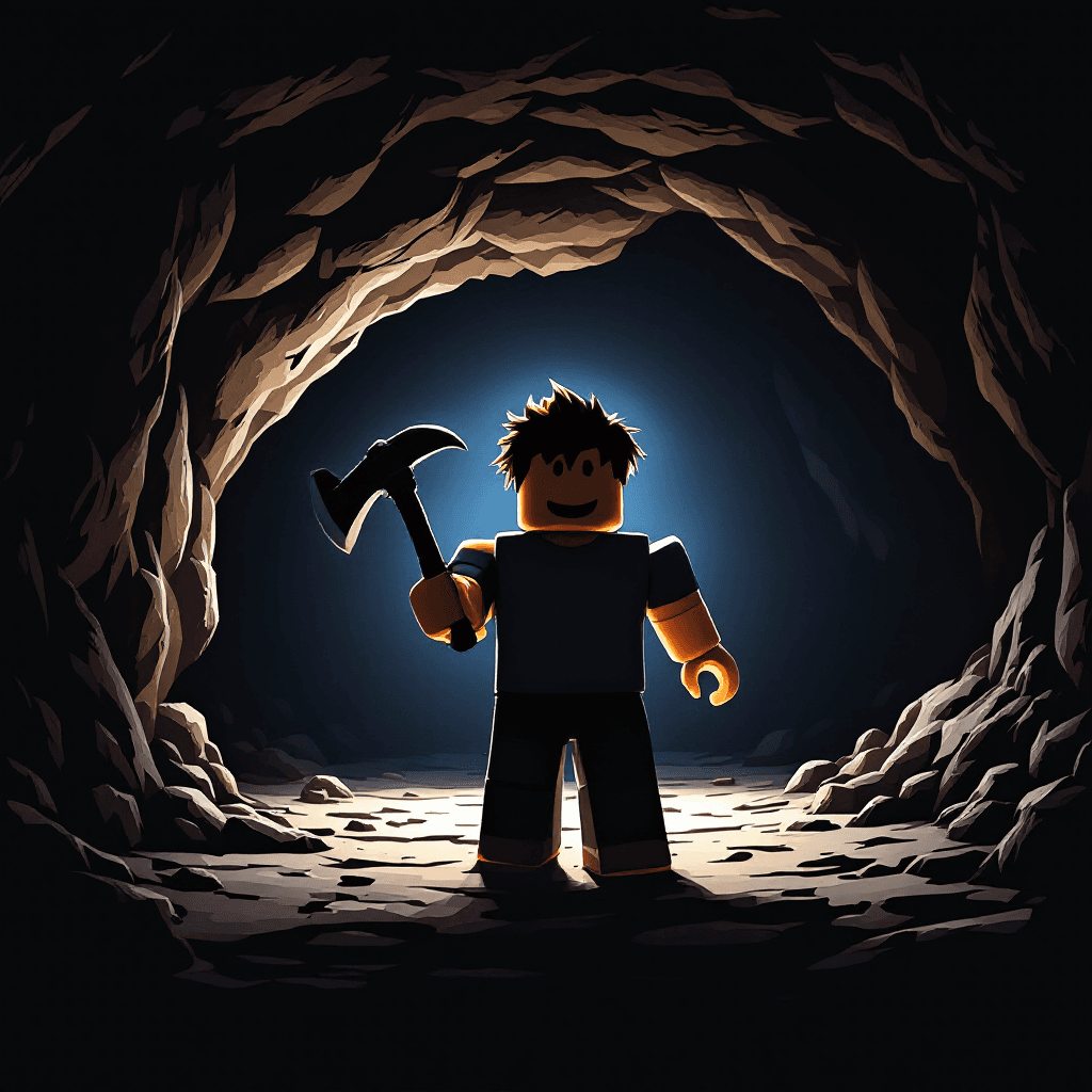 AI generated: Robloxian with default skin holding a pickaxe, entering a dark cave, dim torchlight casting shadows ...