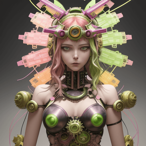 AI generated: Setting: young female character with vibrant multicolored hair, predominantly in shades of pink, gre...