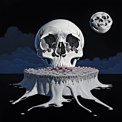 AI generated: surrealist painting of a human skull with the moon, clouds, and melting flowers, abstract, surreal -...