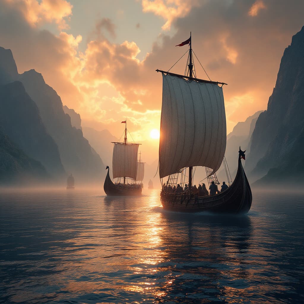 AI generated: 27.	3D render of Viking longships sailing through misty fjords at dawn --v 7 --style historical epic...