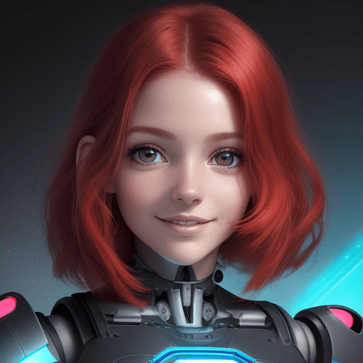 AI generated: un retrato detallado de frente y realista de una robot hermosa, cabello rojo, sonriendo, ojos redond...