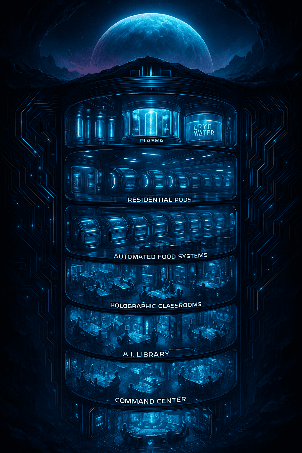 AI generated: A futuristic sci-fi poster depicting a cutaway of a massive underground survival bunker set beneath ...